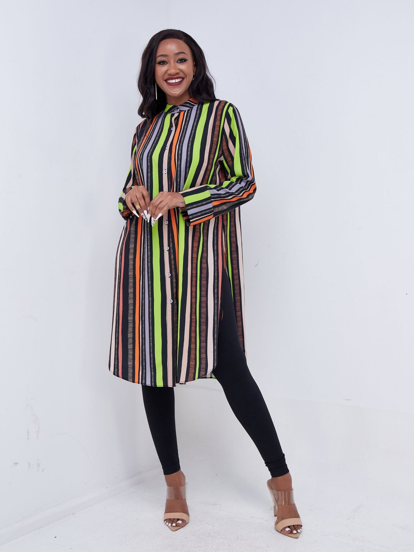 Vivo Mistari Long Sleeve Mandarin Collar Tie Tunic - Lime Green / Orange Stripe Print