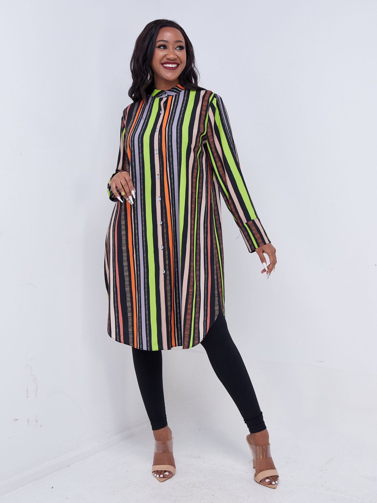 Vivo Mistari Long Sleeve Mandarin Collar Tie Tunic - Lime Green / Orange Stripe Print