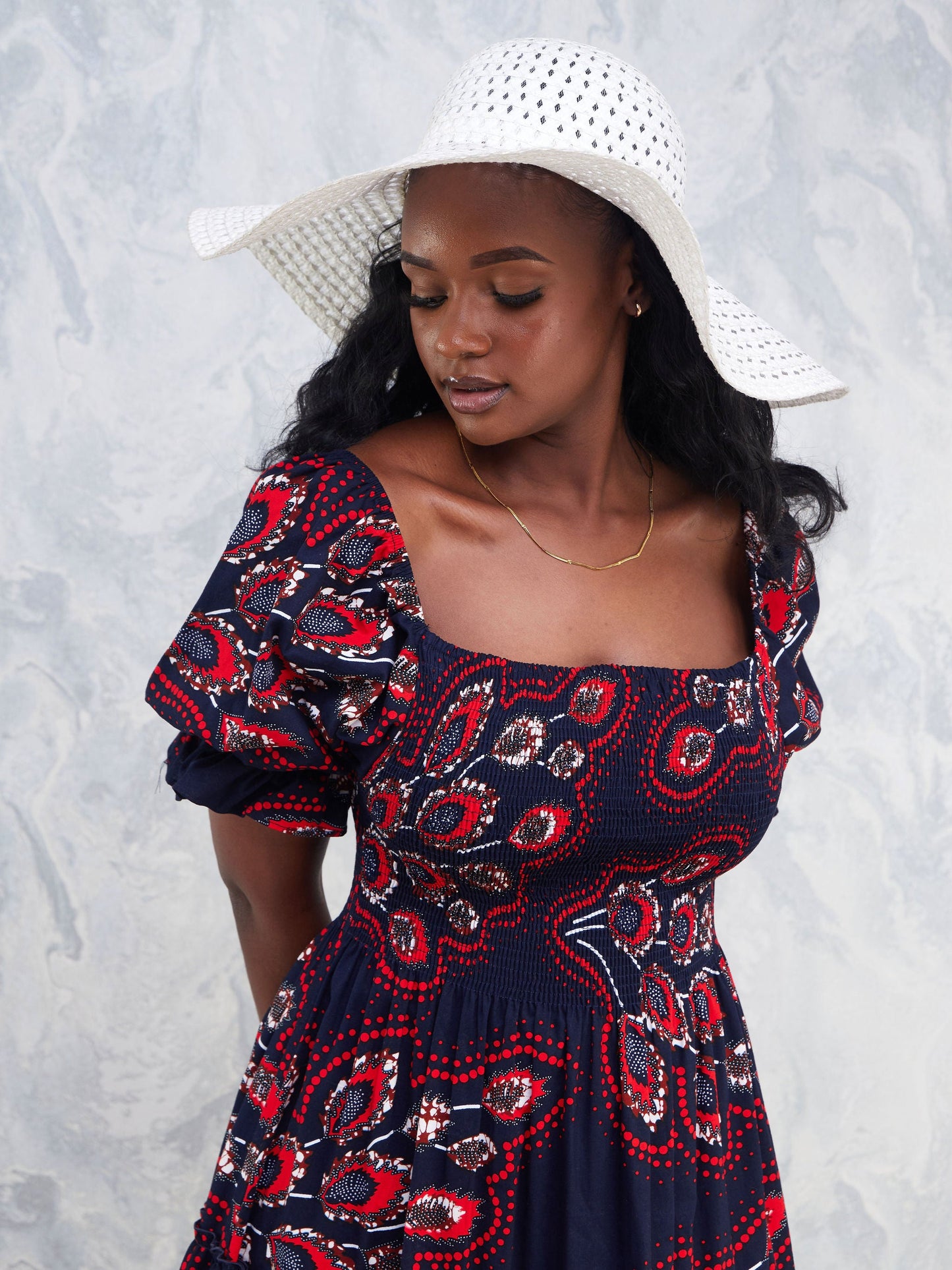 Safari Nimali Bustier Maxi Dress - Navy Blue / Red Ankara Print