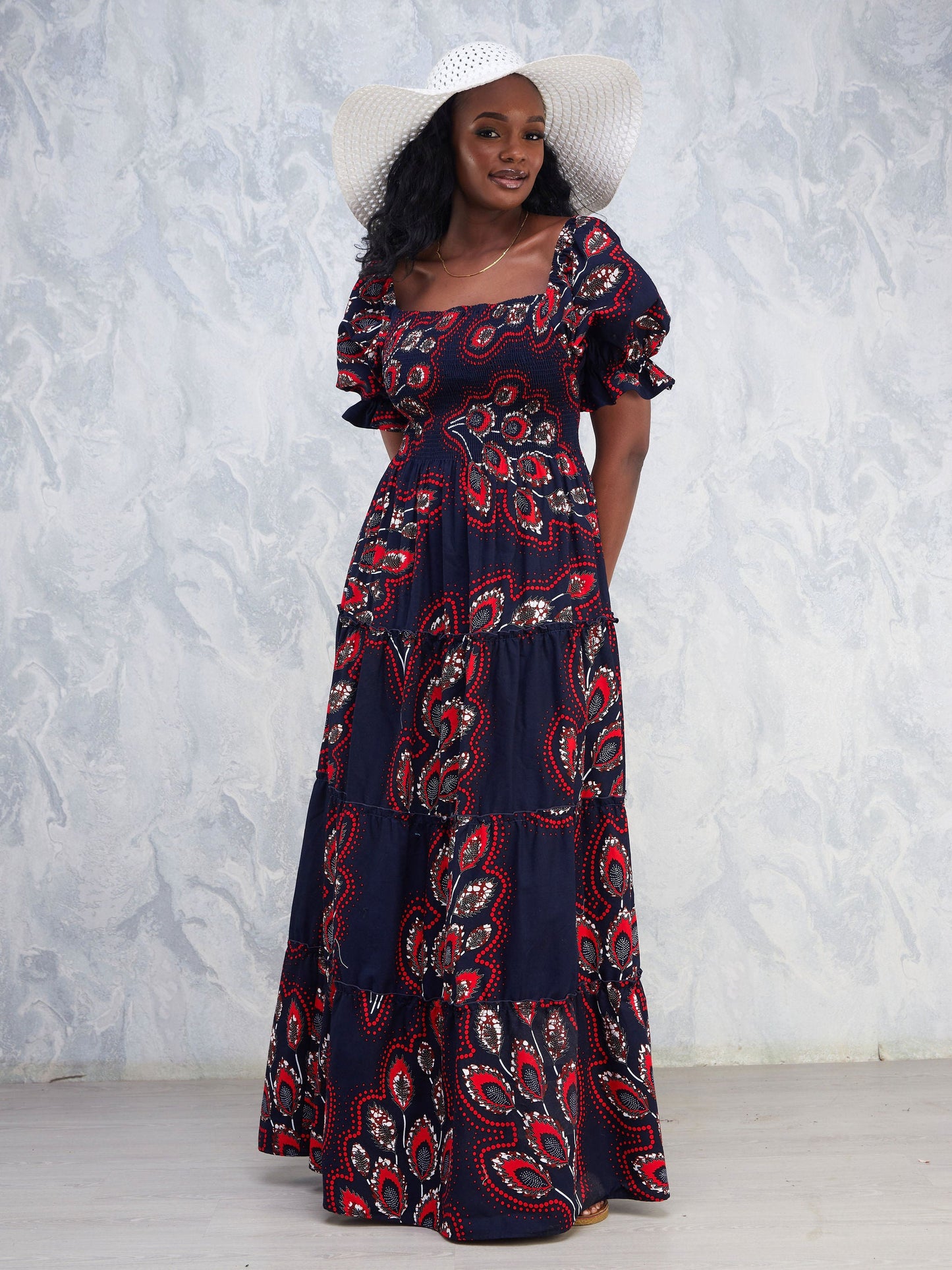 Safari Nimali Bustier Maxi Dress - Navy Blue / Red Ankara Print