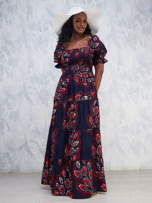 Safari Nimali Bustier Maxi Dress - Navy Blue / Red Ankara Print
