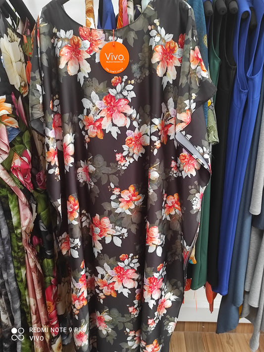 Vivo Satin Maxi Dira Dress - Black / Red Floral Print