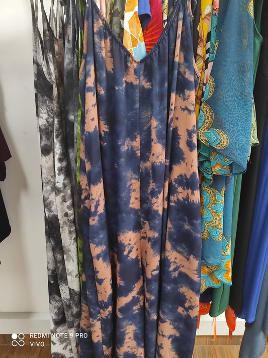 Vivo Diani Strappy Jumpsuit - Navy Blue/Rust Tie & Dye Print