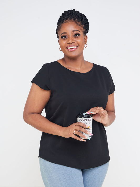 Vivo Basic Crepe Cap Sleeved Top - Black