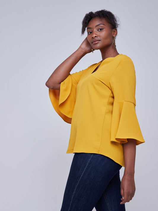 Vivo Jamila V-Neck Flounce Sleeve Top - Mustard