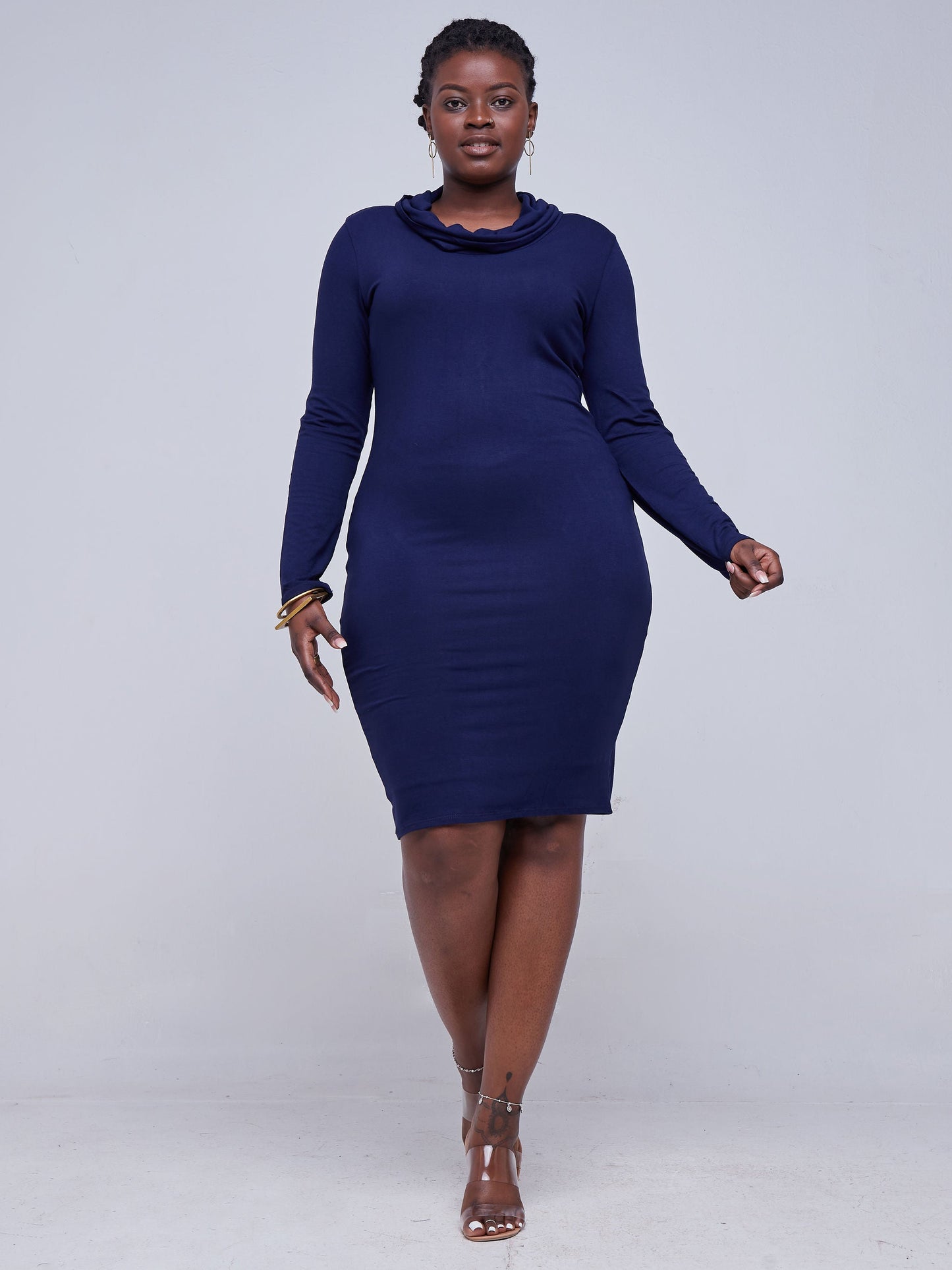Vivo Basic Long Sleeve Cowl Bodycon - Navy Blue