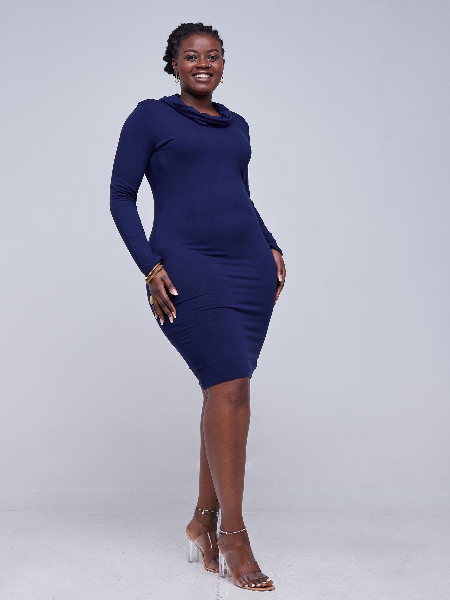 Vivo Basic Long Sleeve Cowl Bodycon - Navy Blue