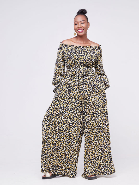 Vivo Jema Off-shoulder Long Sleeve Jumpsuit - Hunters Green / Black Animal Print