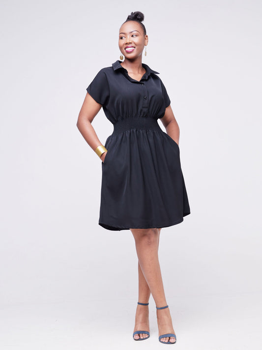 Vivo Fahari Shirred Waist Shirt Dress - Black