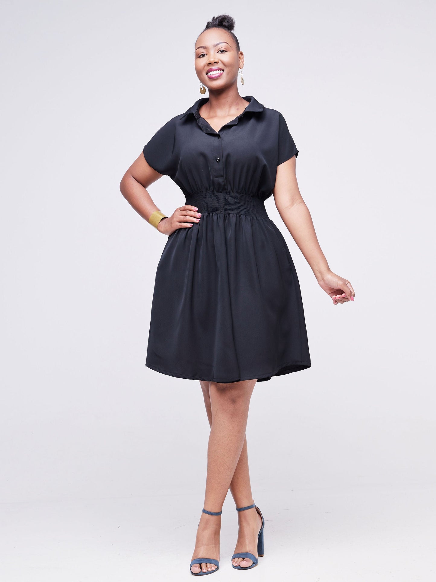 Vivo Fahari Shirred Waist Shirt Dress - Black