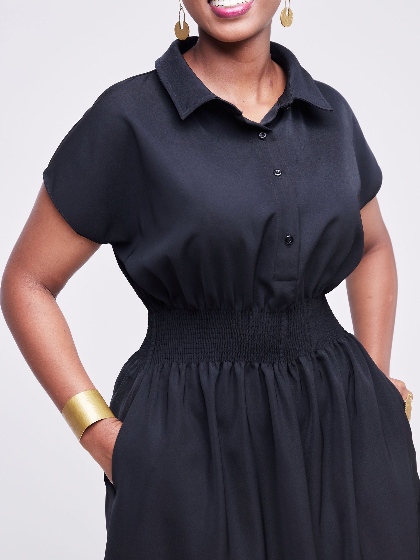 Vivo Fahari Shirred Waist Shirt Dress - Black