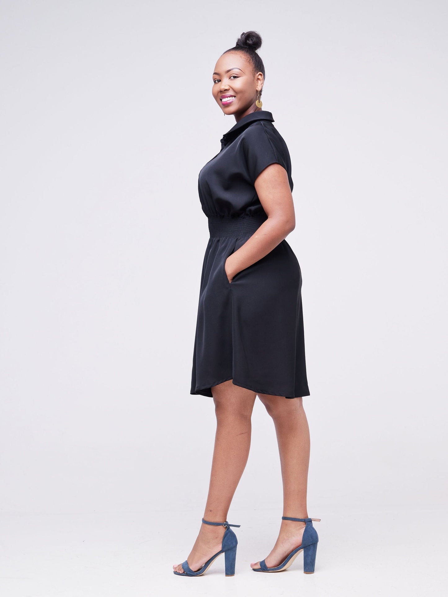 Vivo Fahari Shirred Waist Shirt Dress - Black