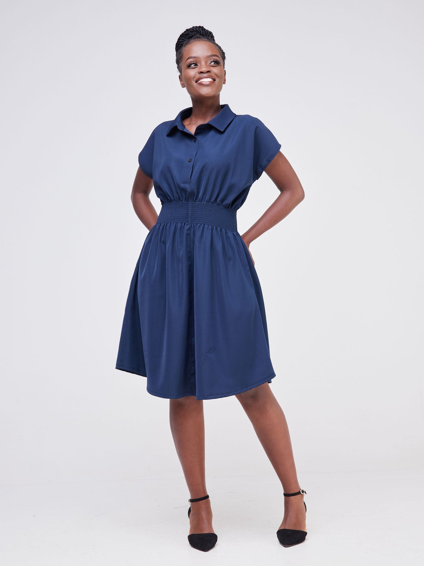 Vivo Fahari Shirred Waist Shirt Dress - Navy Blue