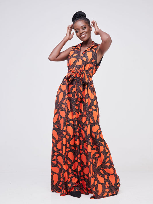 Vivo Zuri Sleeveless Tent Maxi Dress - Orange / Black Abstract Print