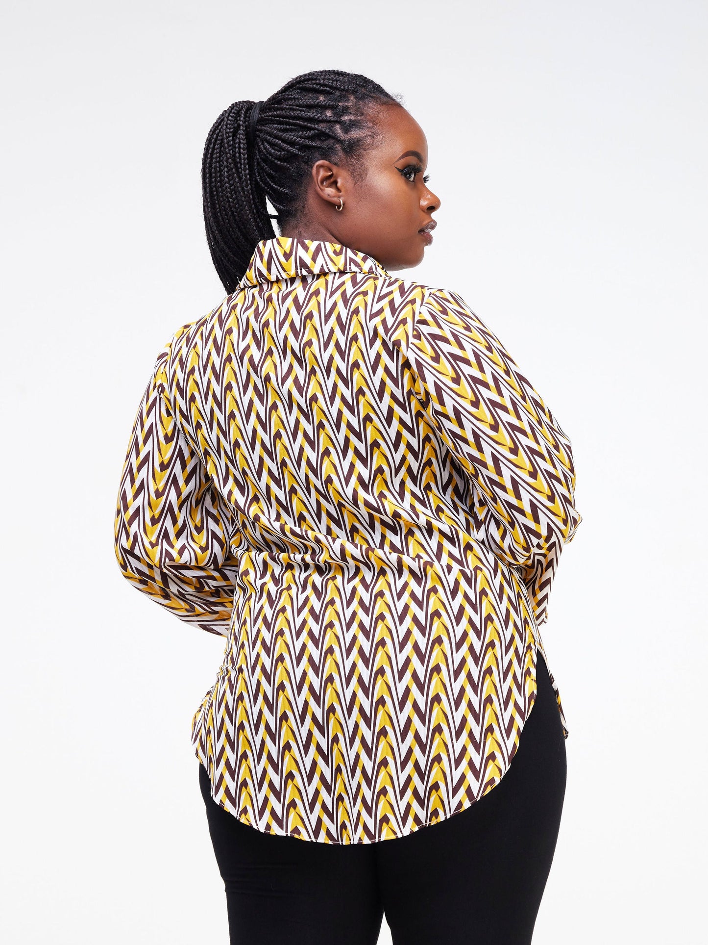 Vivo Sana Bishop Sleeve Top - Mustard / Brown Geometric Print