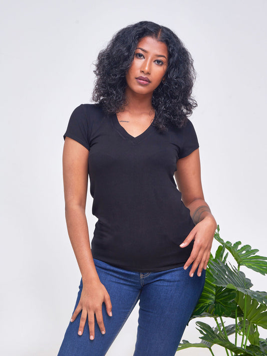 Vivo Basic V-neck Cap Sleeve Top  - Black