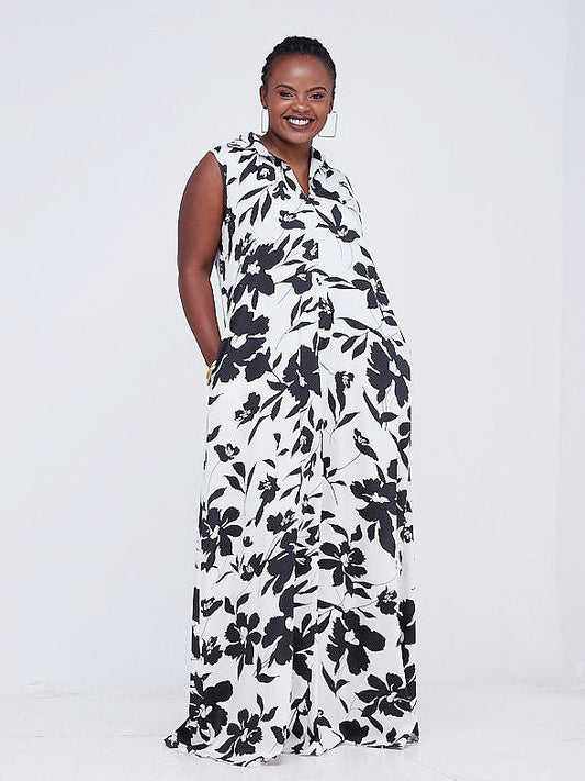 Vivo Zuri Sleeveless Tent Maxi Dress - White / Black Print