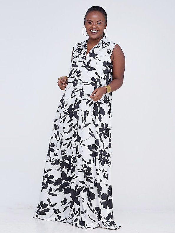 Vivo Zuri Sleeveless Tent Maxi Dress - White / Black Print