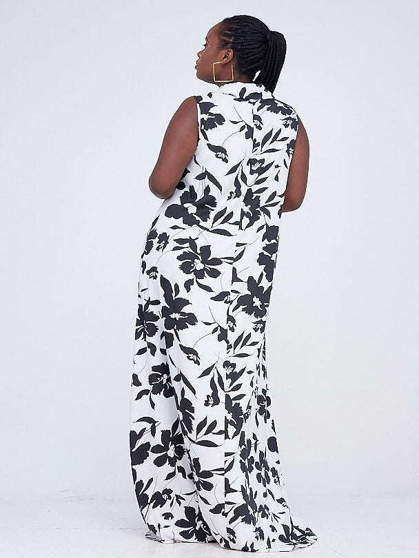 Vivo Zuri Sleeveless Tent Maxi Dress - White / Black Print