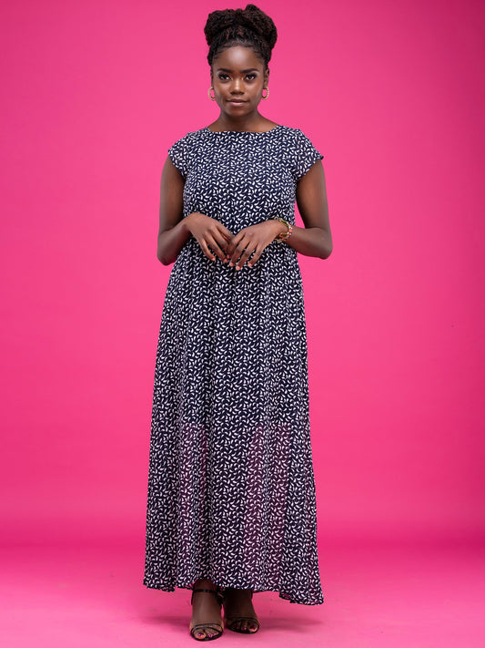 Vivo Basic Cap Sleeved Tent Maxi Dress - Navy Pole Print