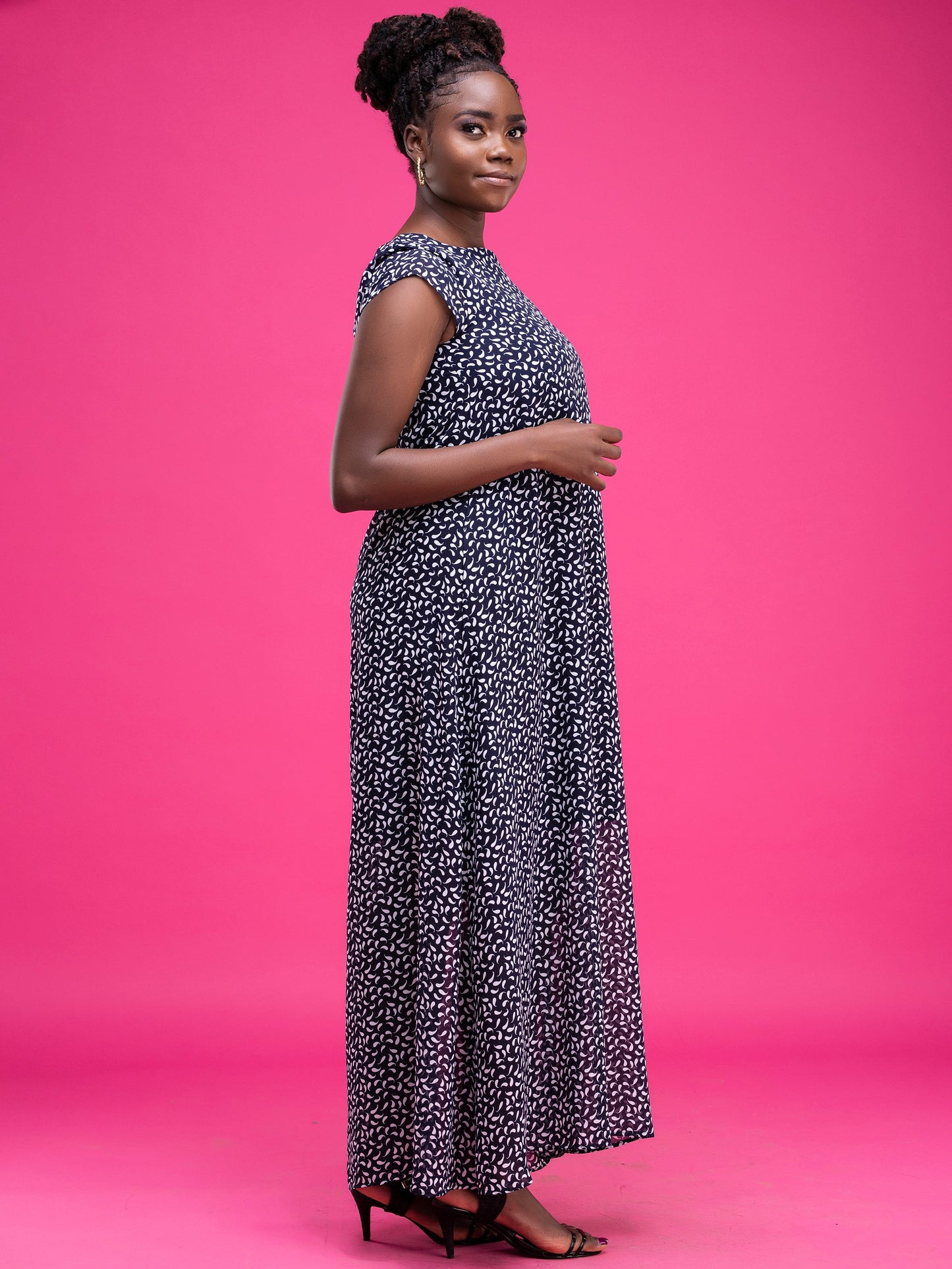 Vivo Basic Cap Sleeved Tent Maxi Dress - Navy Pole Print