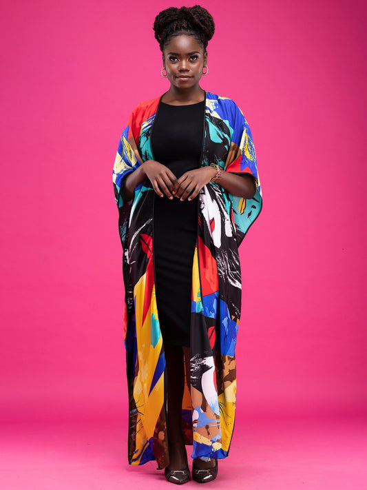 Vivo Diani Satin Maxi Kimono - Blue Print