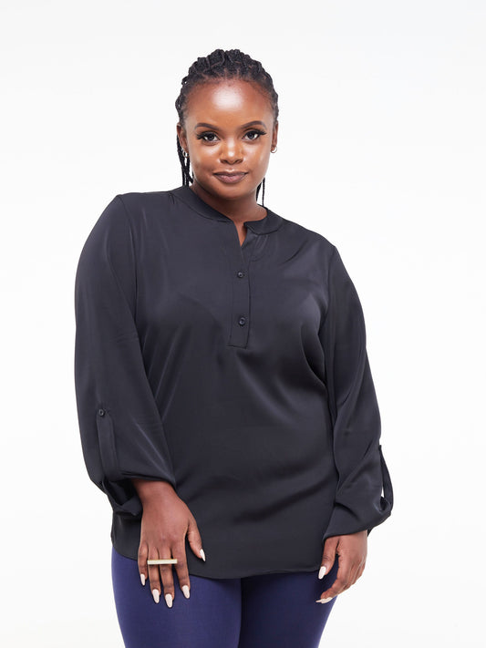Vivo Basic V-Neck Buttoned Top -  Black