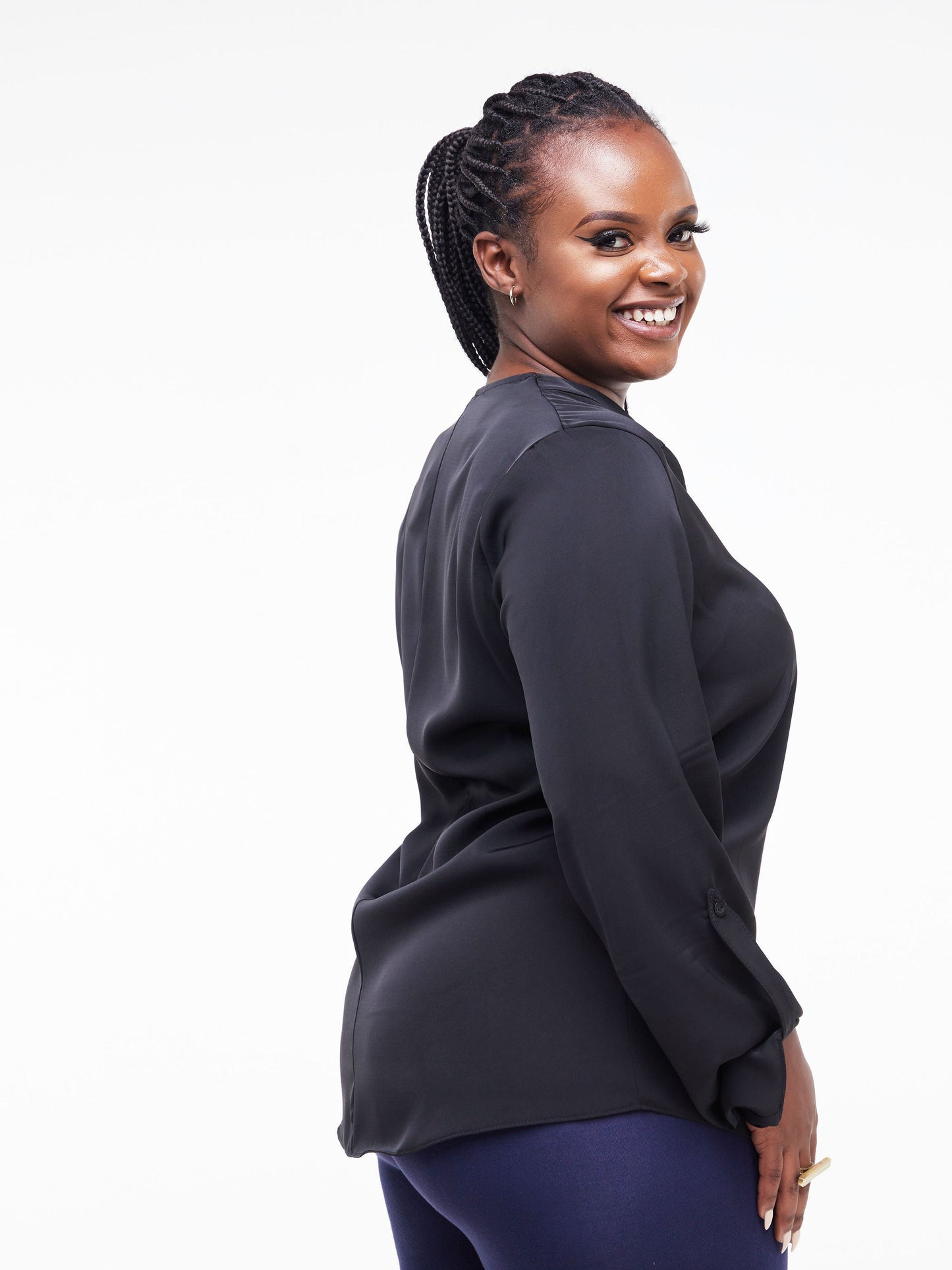 Vivo Basic V-Neck Buttoned Top -  Black