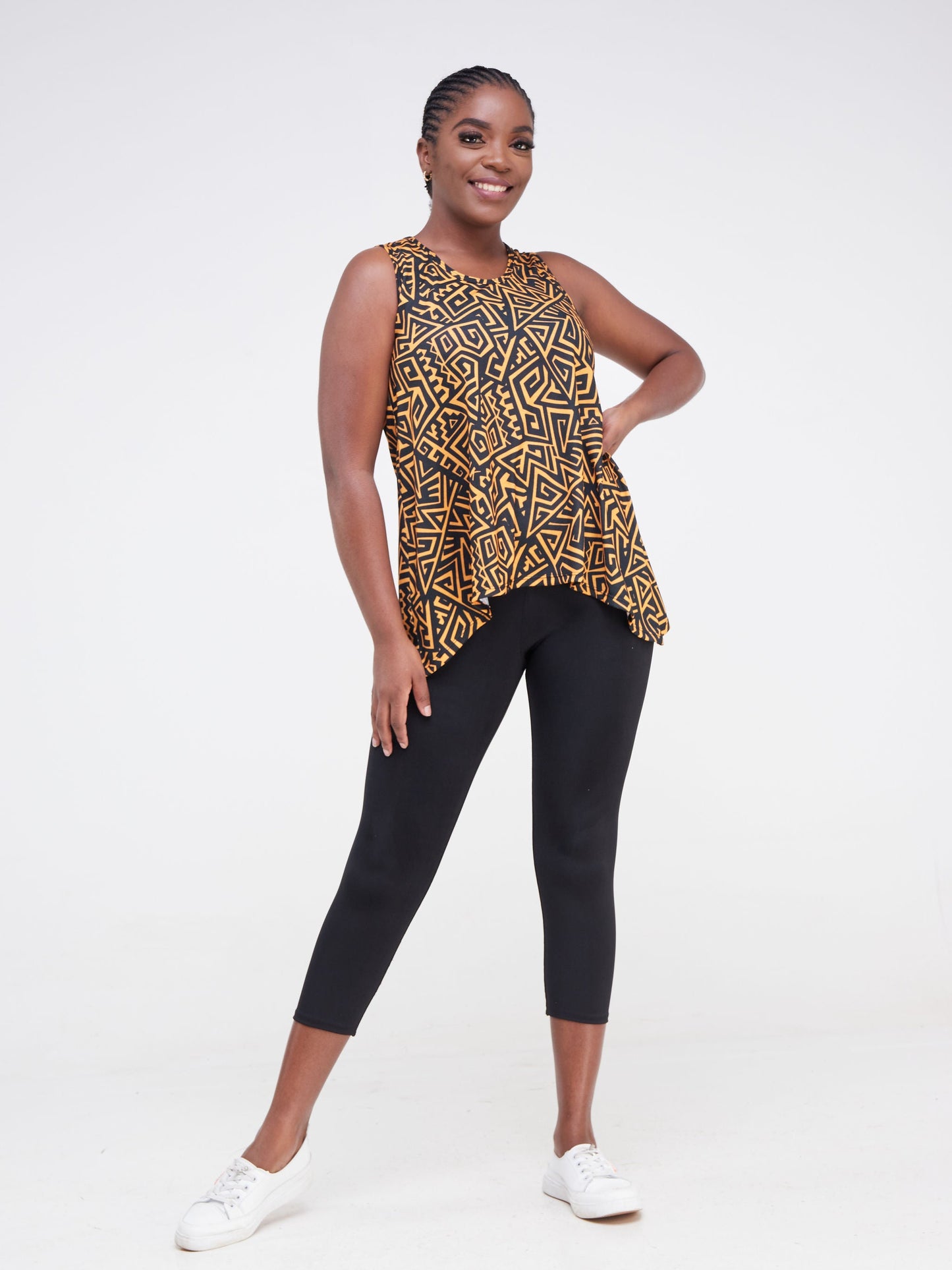 Vivo Fitness Sleeveless High Low Top - Black / Mustard Print