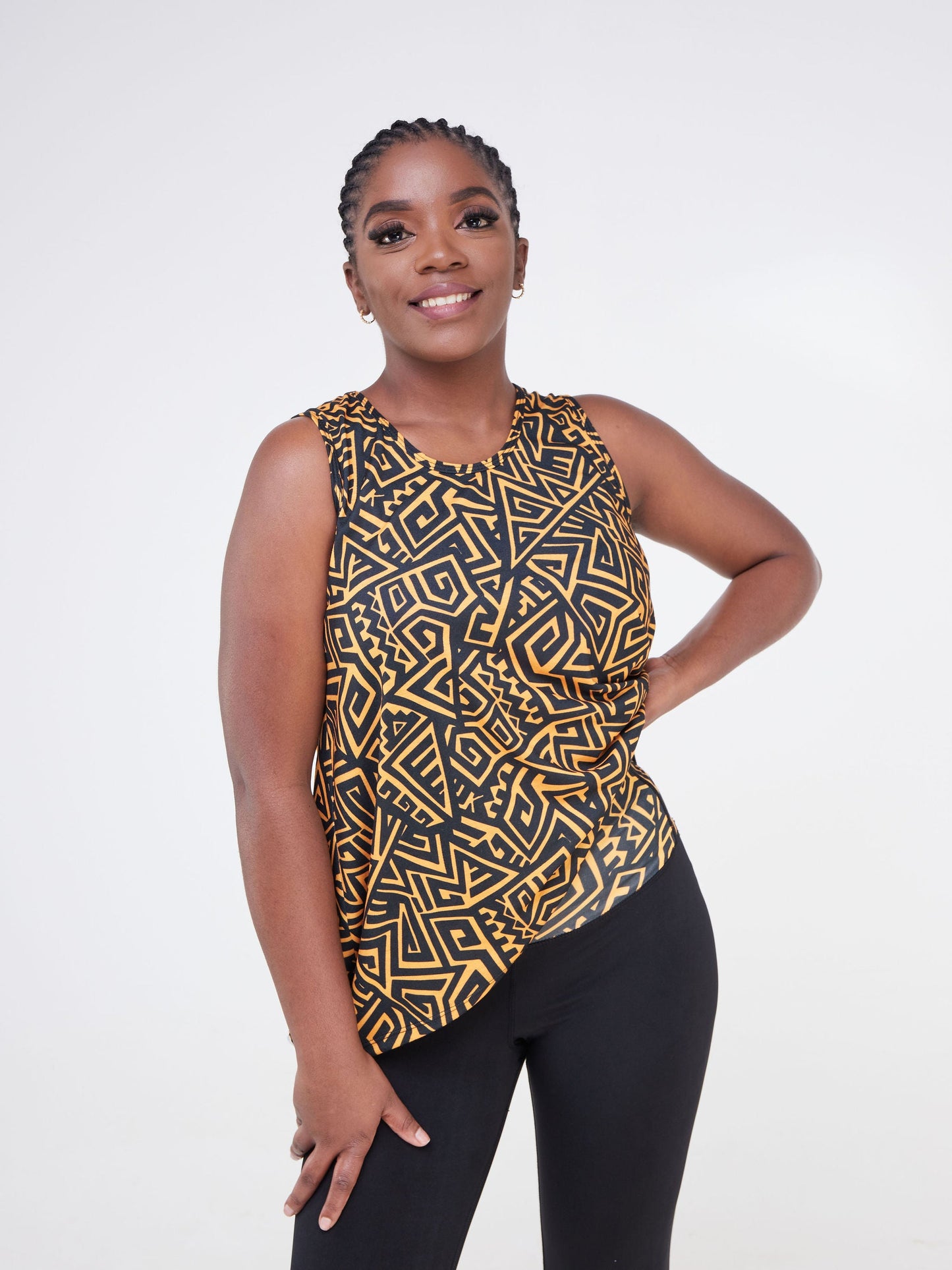 Vivo Fitness Sleeveless High Low Top - Black / Mustard Print