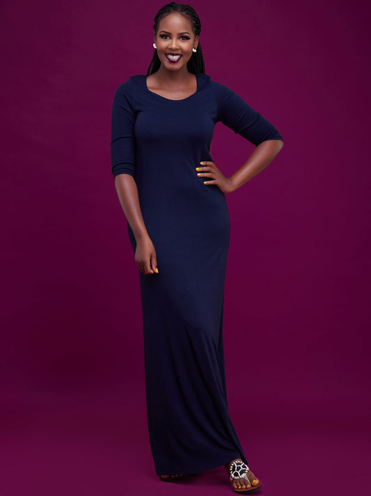 Vivo Basic 3/4 Sleeve A-Line Maxi Dress - Navy Blue