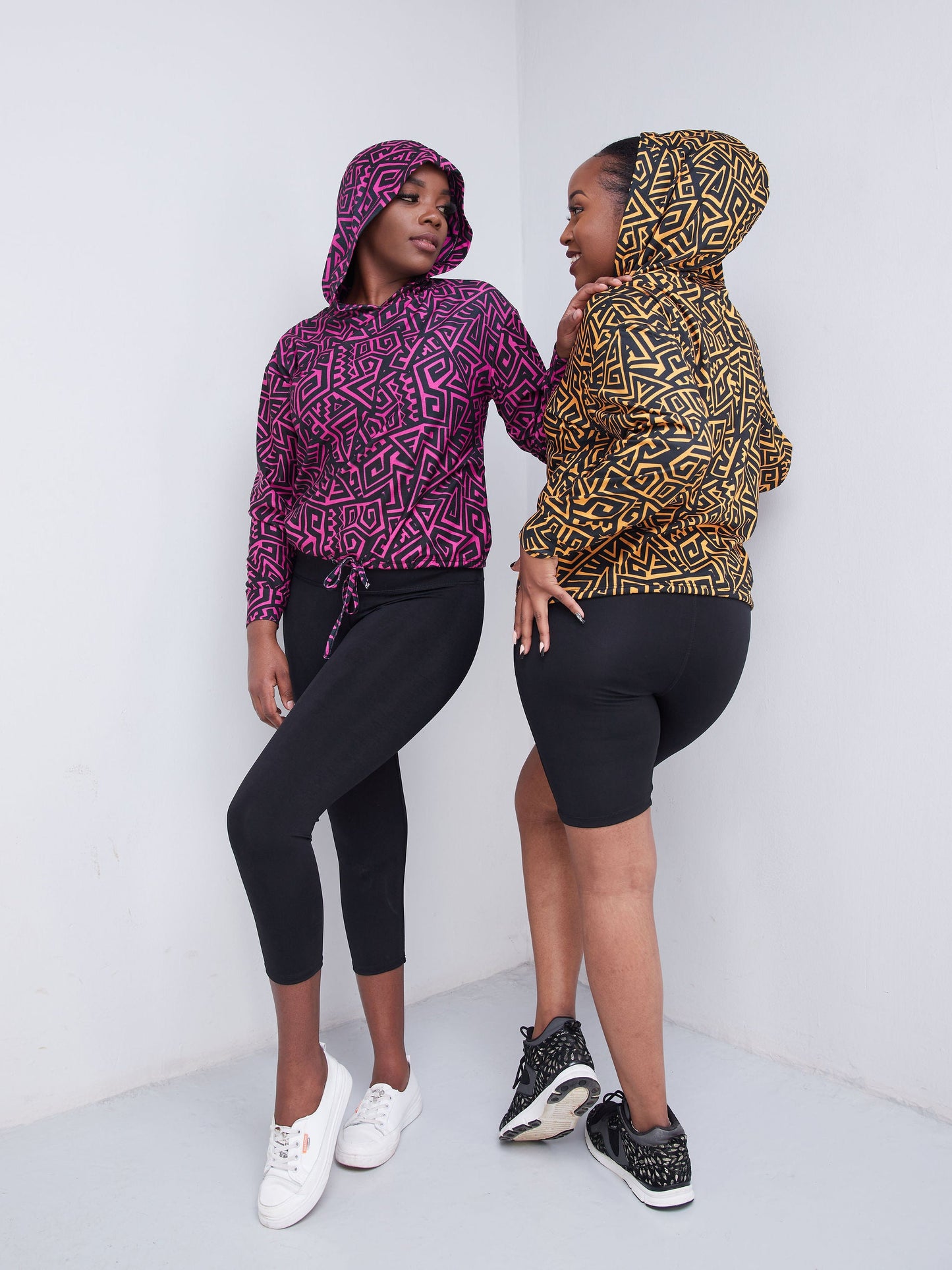 Vivo Fitness Hoodie - Black / Mustard Geometric Print