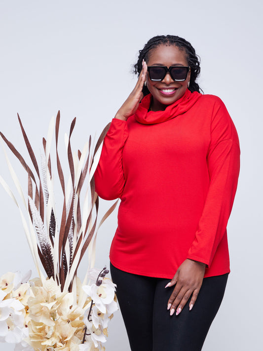 Vivo Basic Cowl Jersey Top - Red