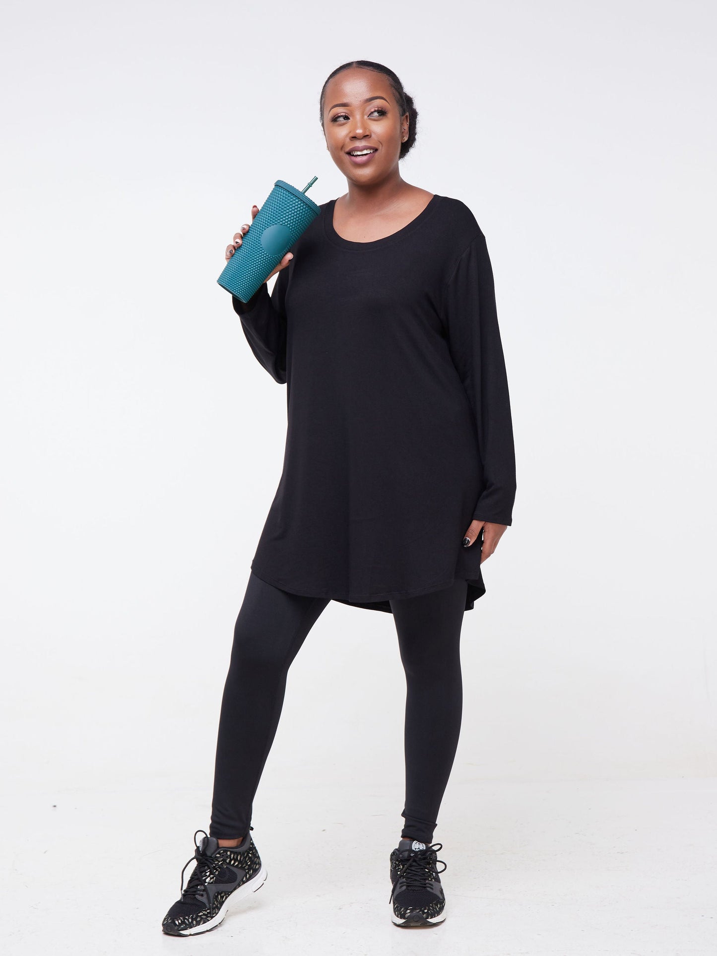 Vivo Fitness Long Sleeve Bound Neck Tunic Top - Black