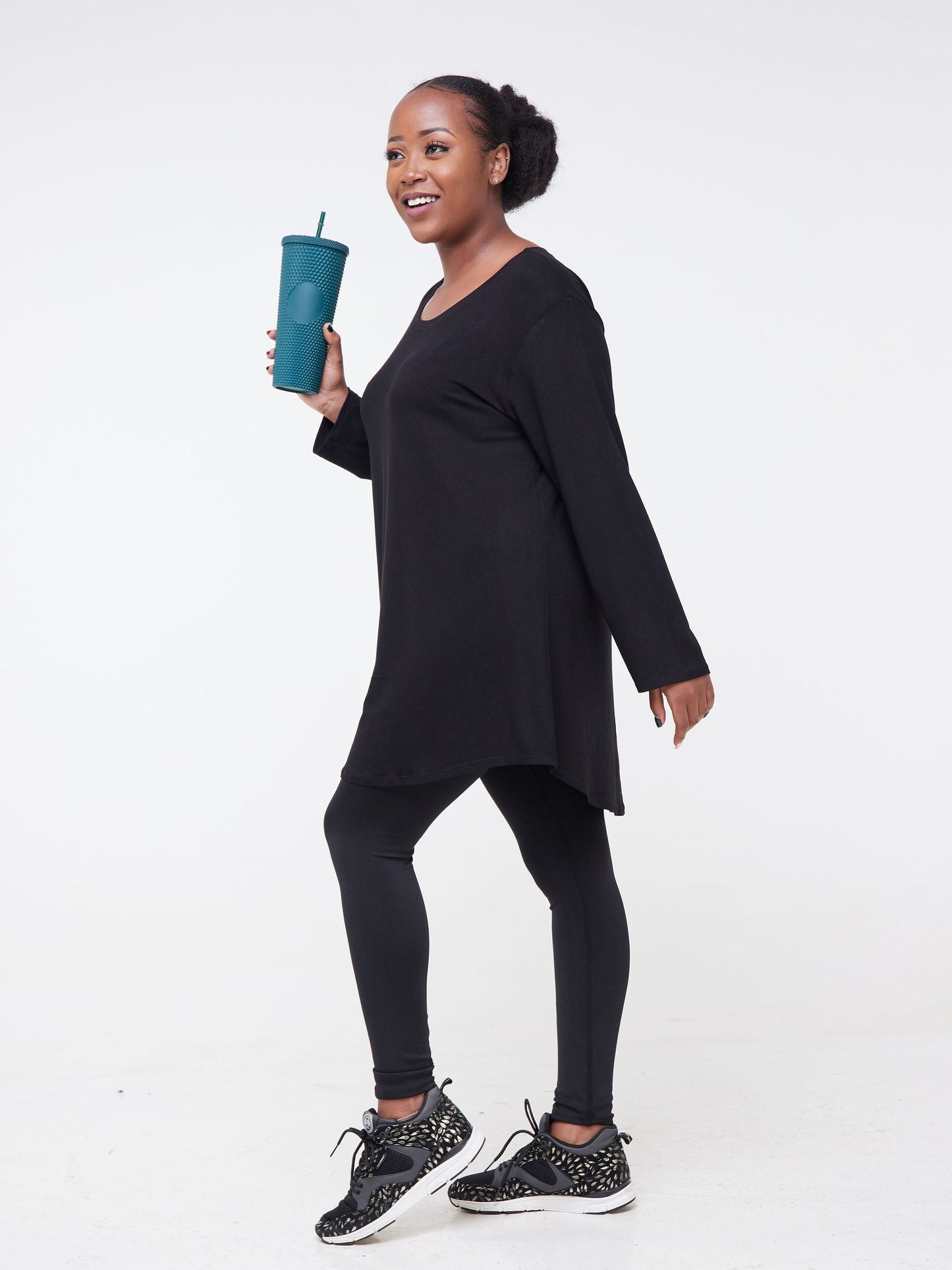 Vivo Fitness Long Sleeve Bound Neck Tunic Top - Black