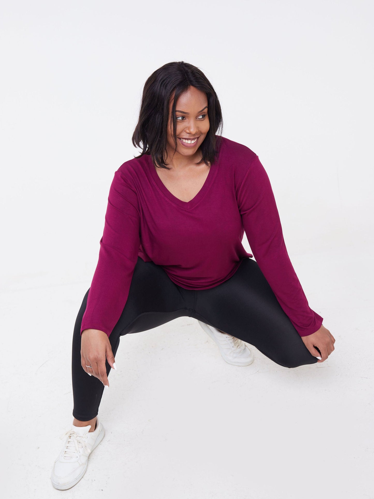 Vivo Fitness Long Sleeve V Neck Top - Burgundy