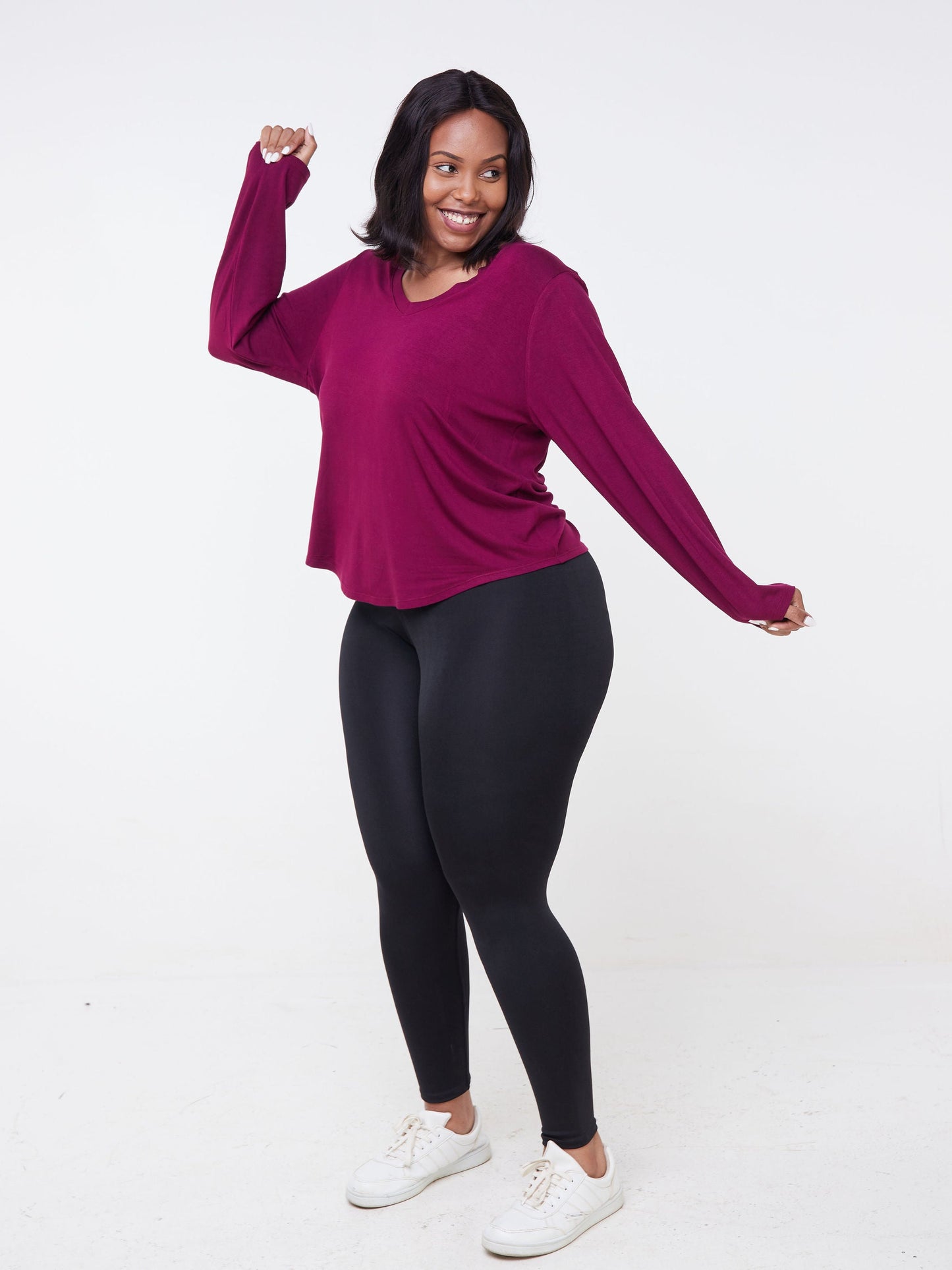 Vivo Fitness Long Sleeve V Neck Top - Burgundy