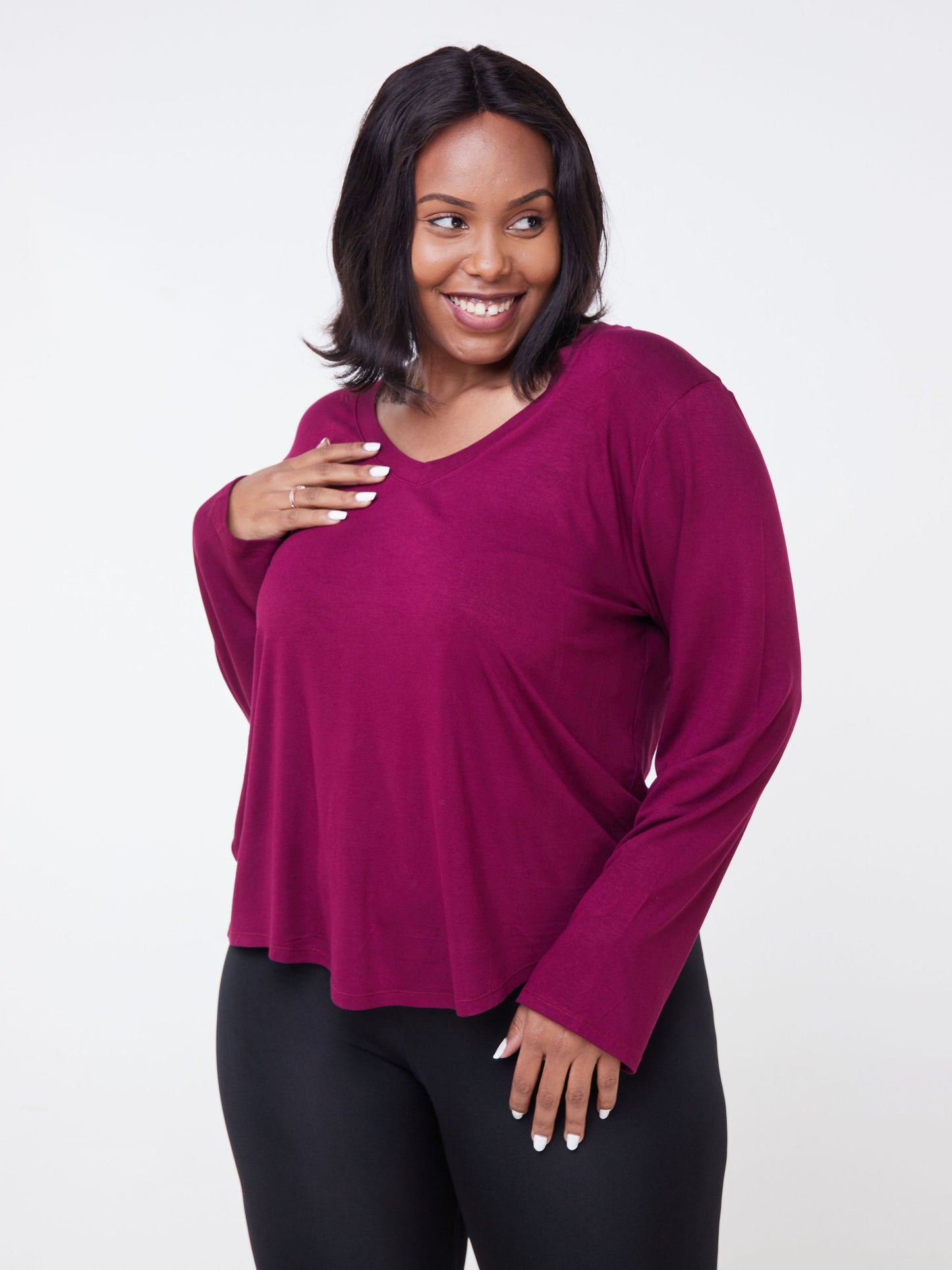 Vivo Fitness Long Sleeve V Neck Top - Burgundy
