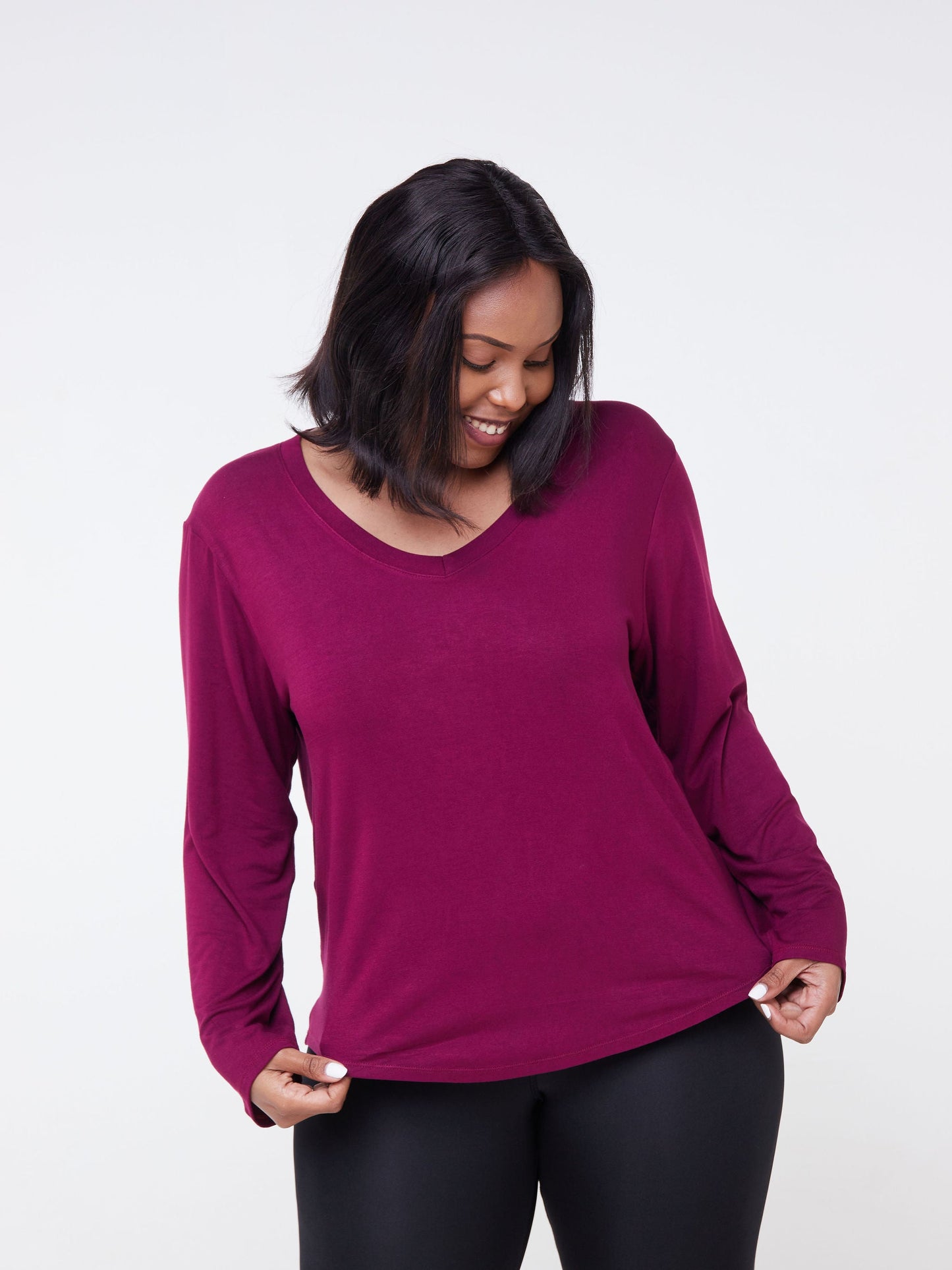 Vivo Fitness Long Sleeve V Neck Top - Burgundy