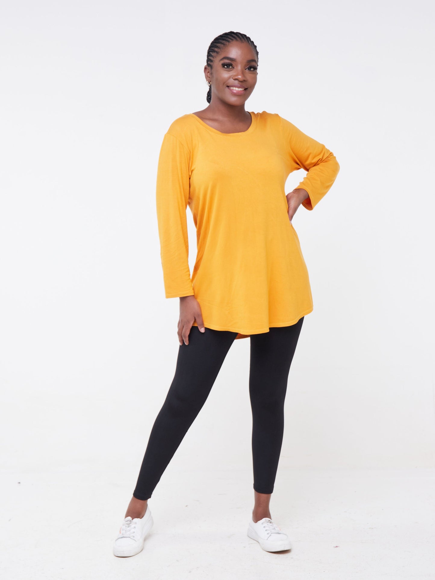 Vivo Fitness Long Sleeve Bound Neck Tunic Top - Mustard