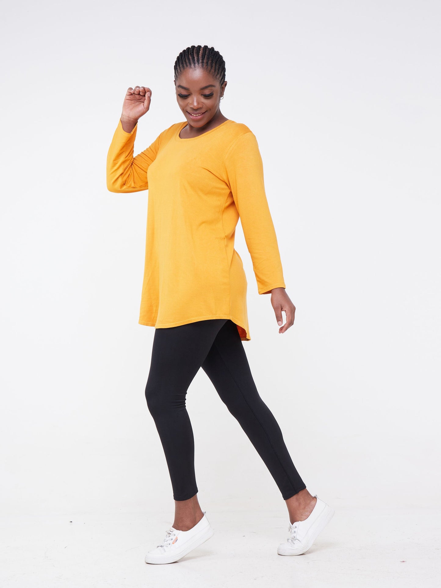 Vivo Fitness Long Sleeve Bound Neck Tunic Top - Mustard