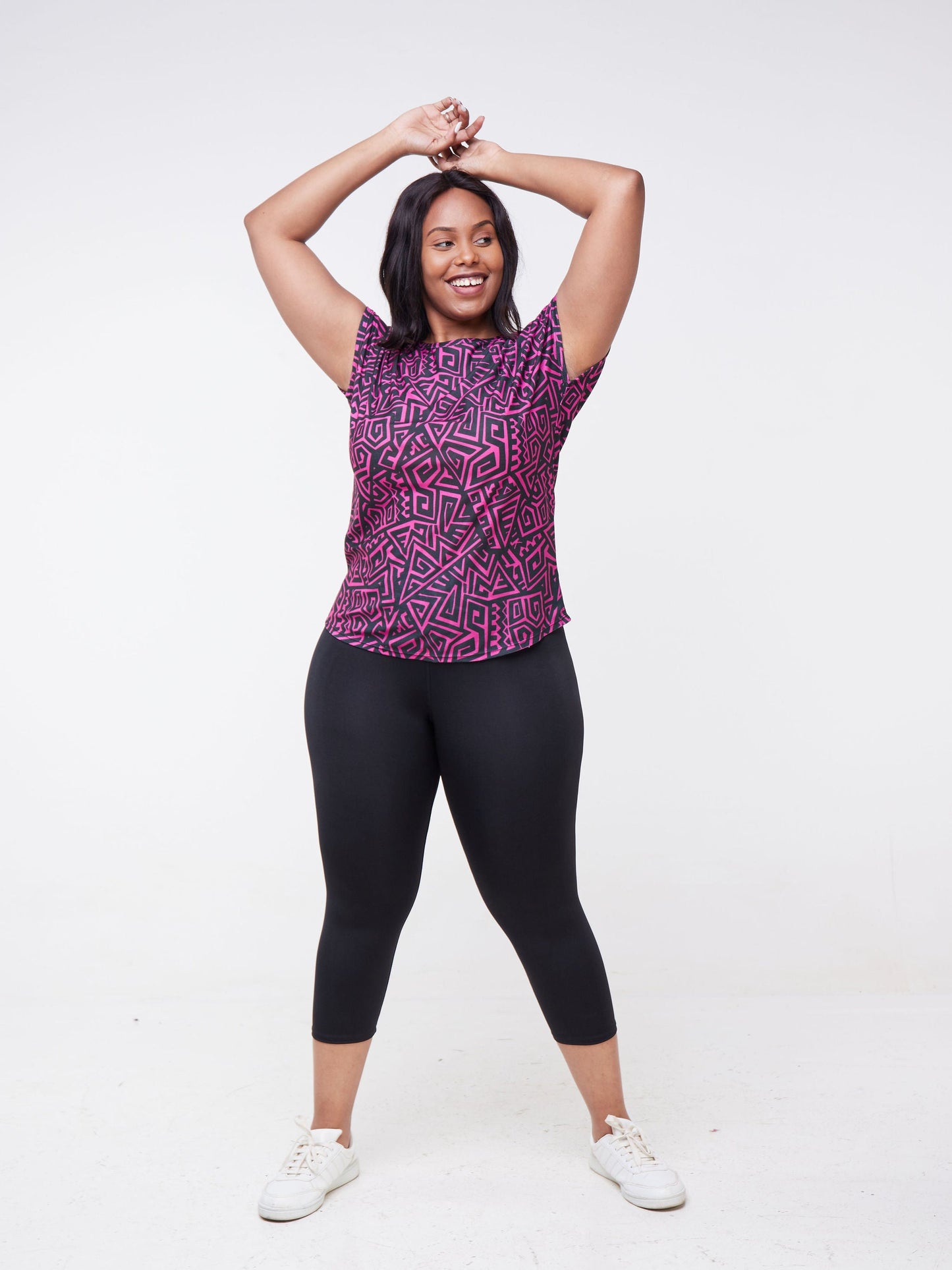 Vivo Fitness Drop Shoulder Top - Black / Purple Abstract Print