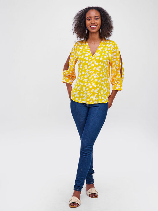 Vivo Jasiri 3/4 Cut Out Sleeve Top - Yellow / White Floral Print