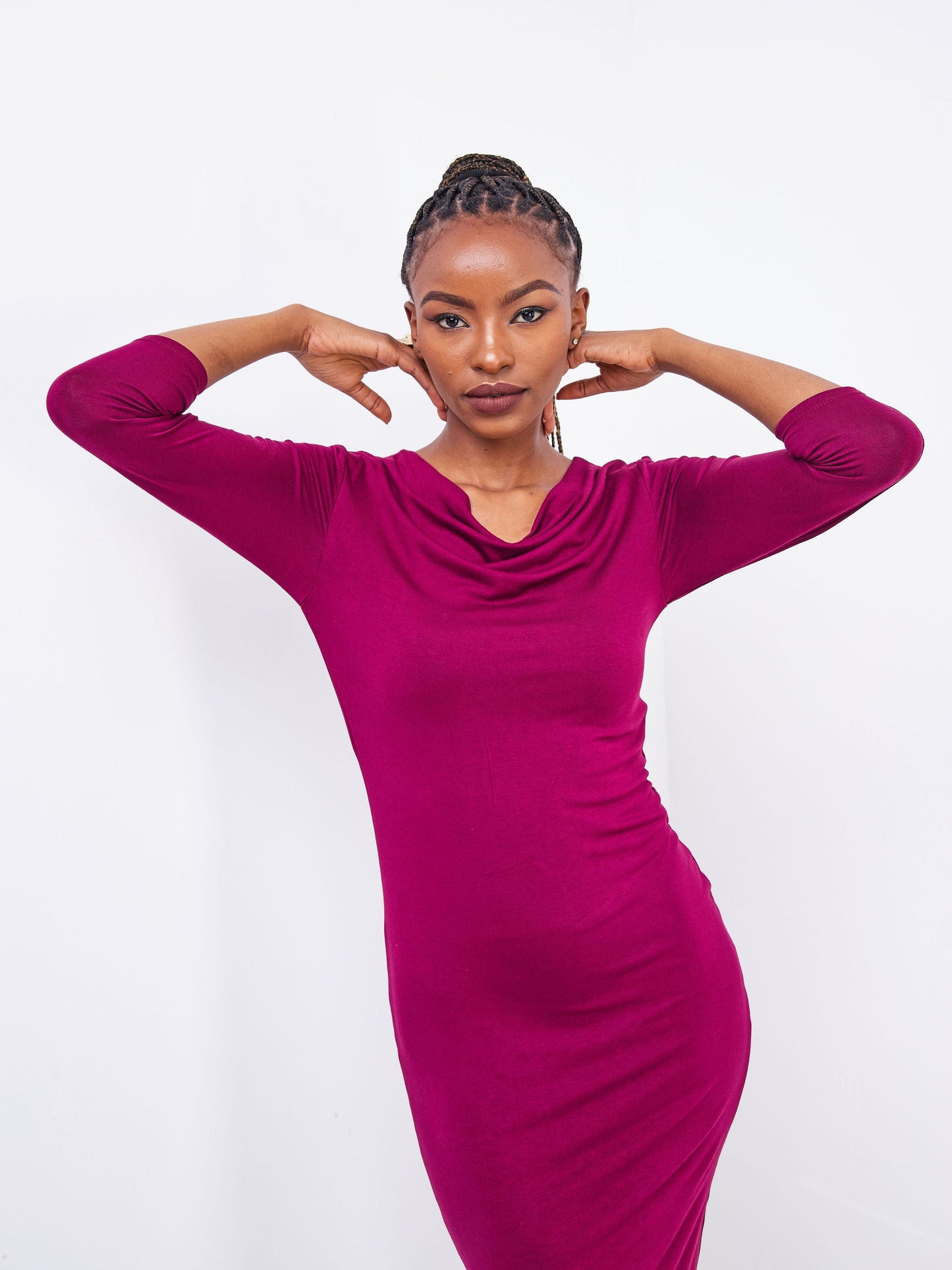 Vivo Basic 3/4 Sleeve Cowl Double Layered Bodycon - Burgundy