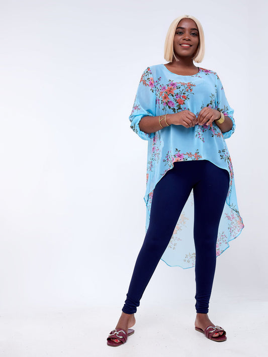 Vivo Basic Nalia High-low Chiffon Top - Blue / Pink Floral Print