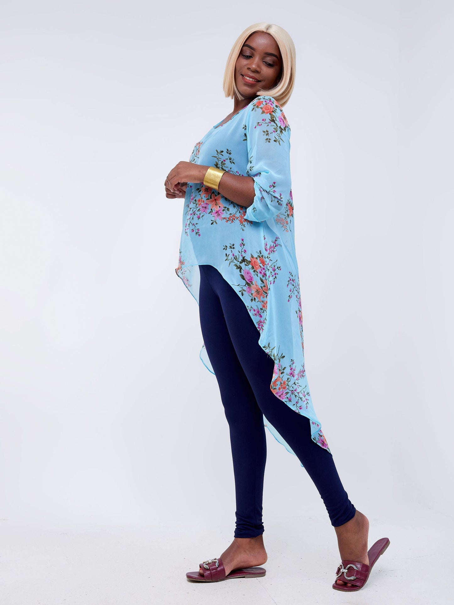Vivo Basic Nalia High-low Chiffon Top - Blue / Pink Floral Print