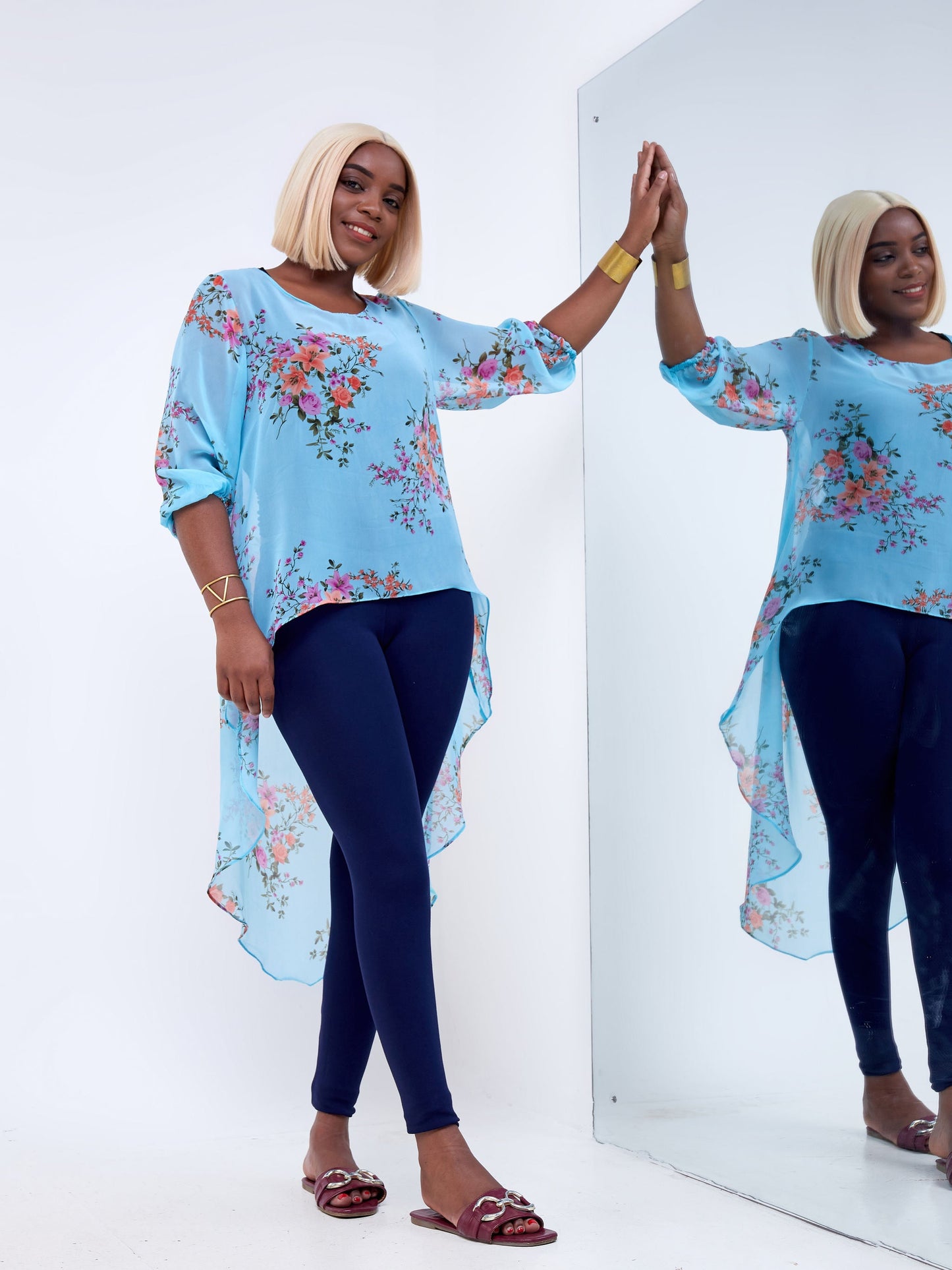Vivo Basic Nalia High-low Chiffon Top - Blue / Pink Floral Print