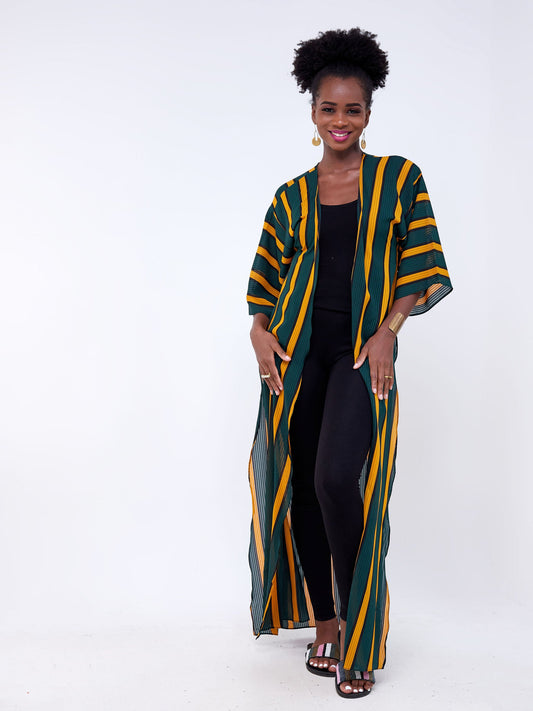 Vivo Basic Nandi High Slit Kimono - Dark Green / Mustard Stripes Print