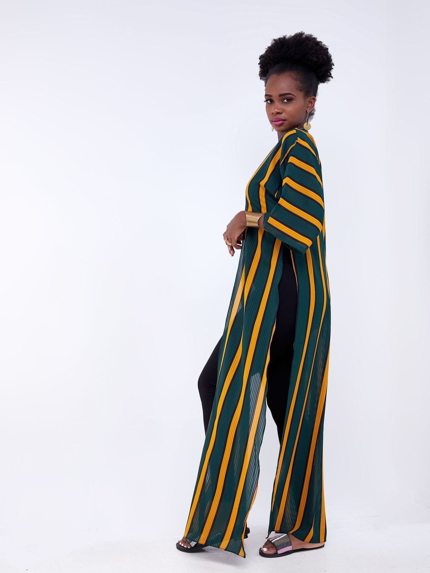 Vivo Basic Nandi High Slit Kimono - Dark Green / Mustard Stripes Print