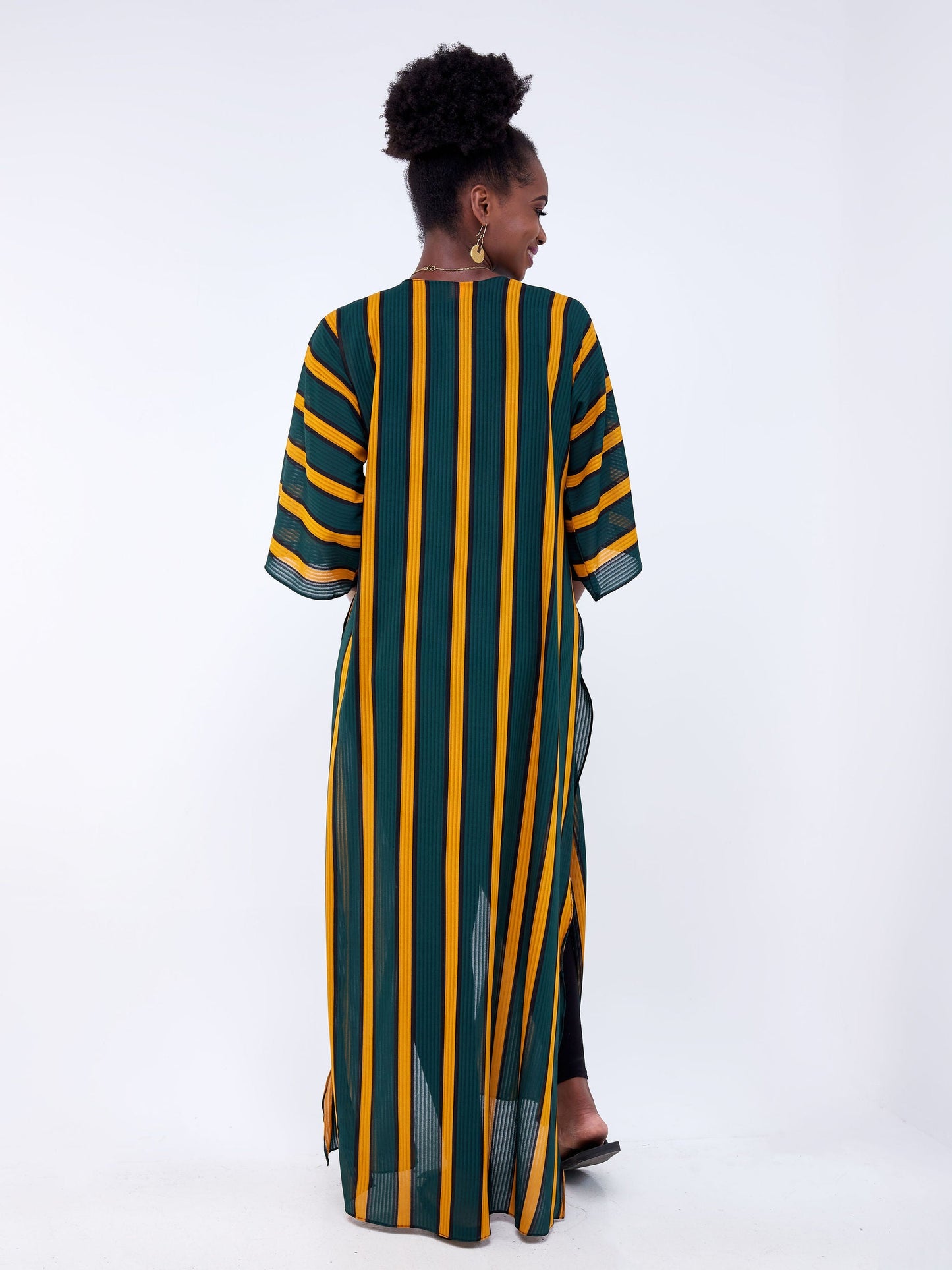 Vivo Basic Nandi High Slit Kimono - Dark Green / Mustard Stripes Print